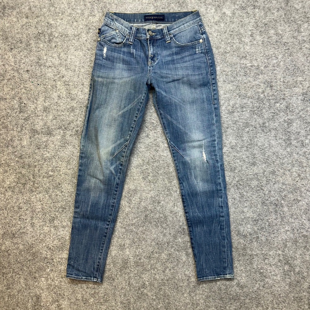 Rock & Republic Skinny Jeans Womens 0 Medium Wash Excellent Embroidered Pockets